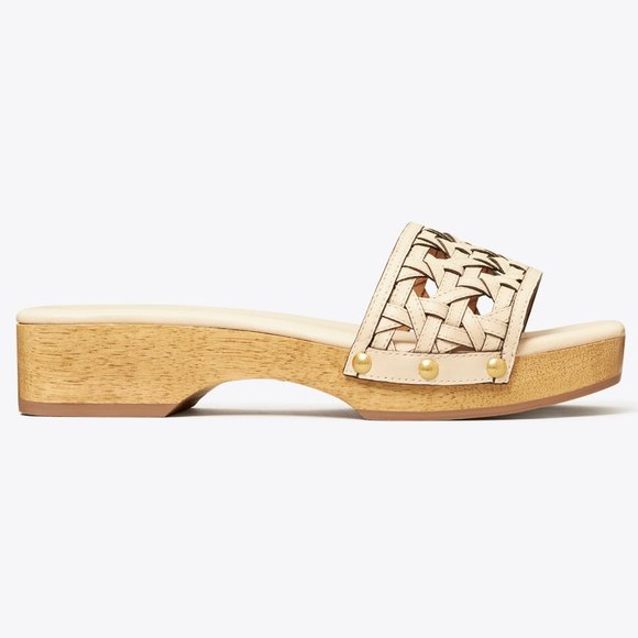 Tory Burch $298 Basket-Weave Clog Sandals New Cream Calf Leather 9 - Picture 6 of 7